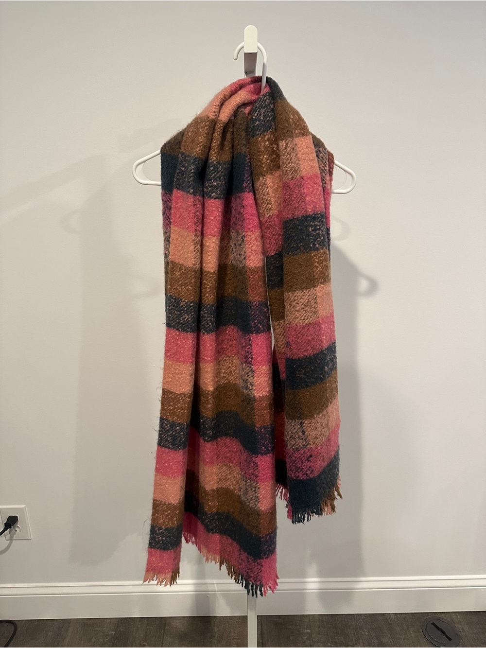 Ann Taylor Pink, Brown & Teal Plaid Rectangle Long Blanket Scarf